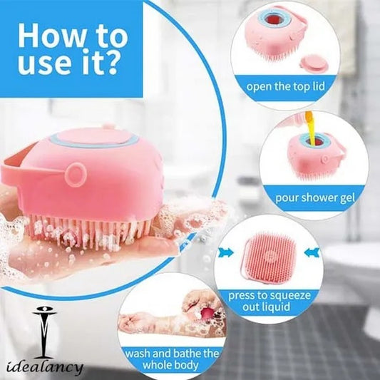 Instructions on how to use a pink shower scrubber