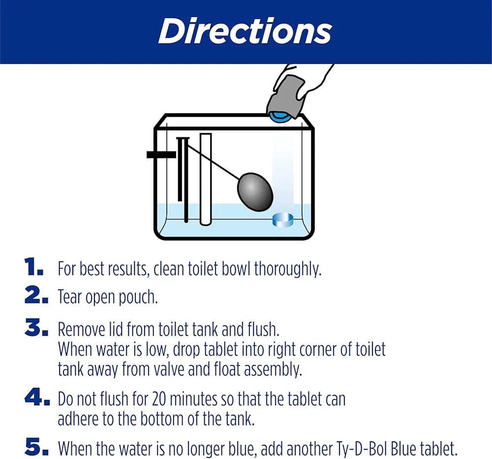Instructions for using a Ty-D-Bol Blue tablet with a diagram of the process.