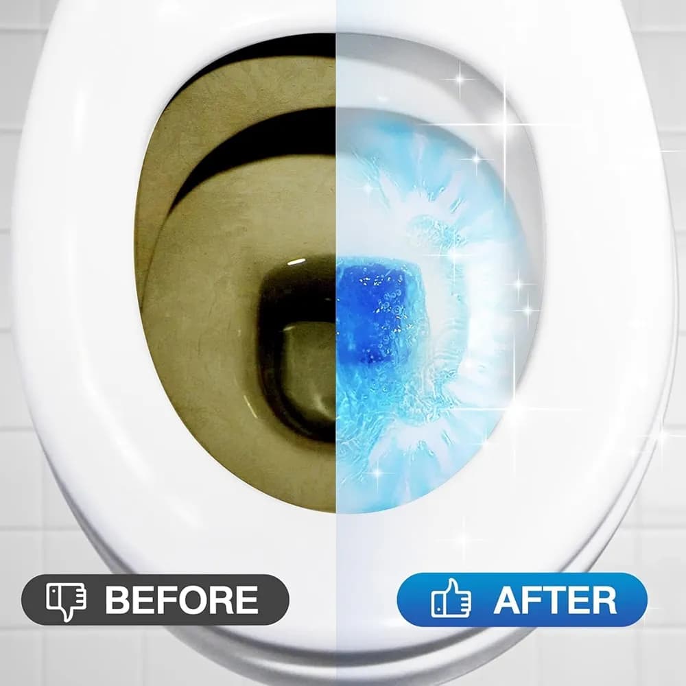 Before and after comparison of a toilet bowl with cleaning solution