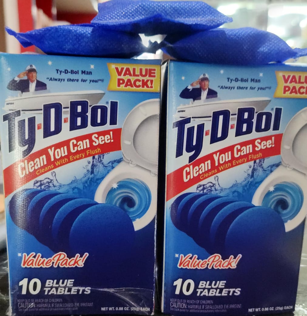 Two boxes of Ty-D-Bol blue tablets with a visible brand logo.
