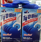 Two boxes of Ty-D-Bol blue tablets with a visible brand logo.