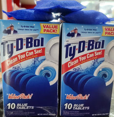 Two boxes of Ty-D-Bol blue tablets with a visible brand logo.