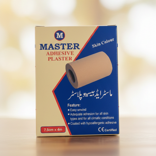 Box of Master Adhesive Plaster with blue and beige design on a blurred background