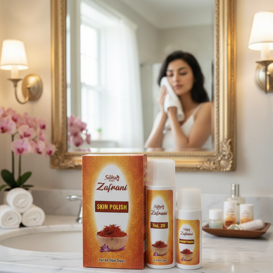 Silky's Zafrani skin polish products on a bathroom counter with a woman in the background.