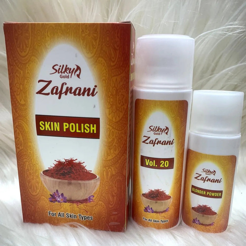 Silky Gold Zafrani skin polish and powder set on a white background