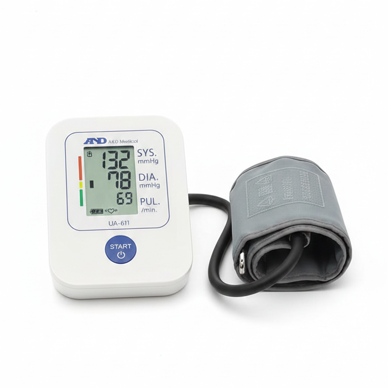 Blood pressure monitor with digital display on a white background