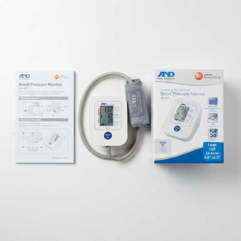 Blood pressure monitor with packaging on a white background