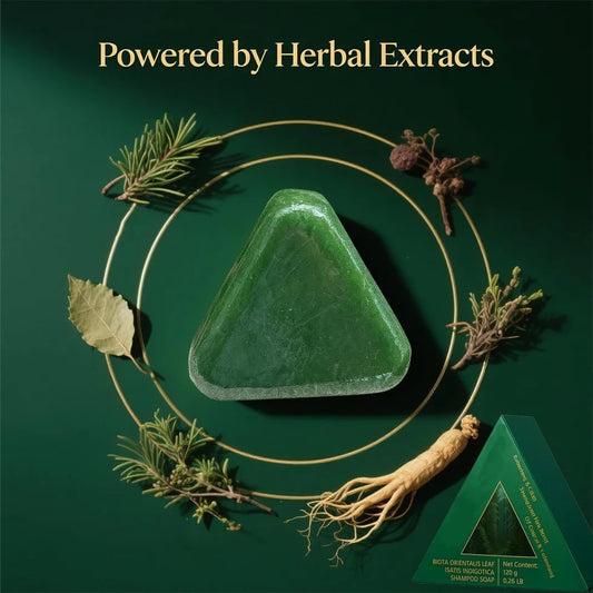 Green soap bar with herbs and leaves on a green background with 'Powered by Herbal Extracts' text.