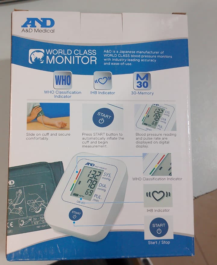 A&D Medical blood pressure monitor packaging with text and graphics on a white background