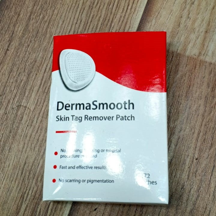 DermaSmooth skin tag remover patch packaging on a wooden surface