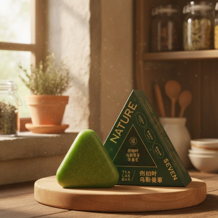Green triangular soap bar with packaging labeled 'Nature Seven' on a wooden surface.