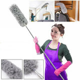 Cleaning tool with extensions and close-ups, used by a woman in a purple apron.