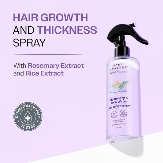 Bare Anatomy Rosemary & Rice Water Hair Growth Spray | Boosts Thickness | Controls Hair Fall | 200ml