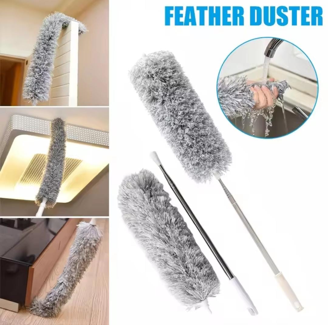 Feather duster with telescopic handle used to clean various surfaces.