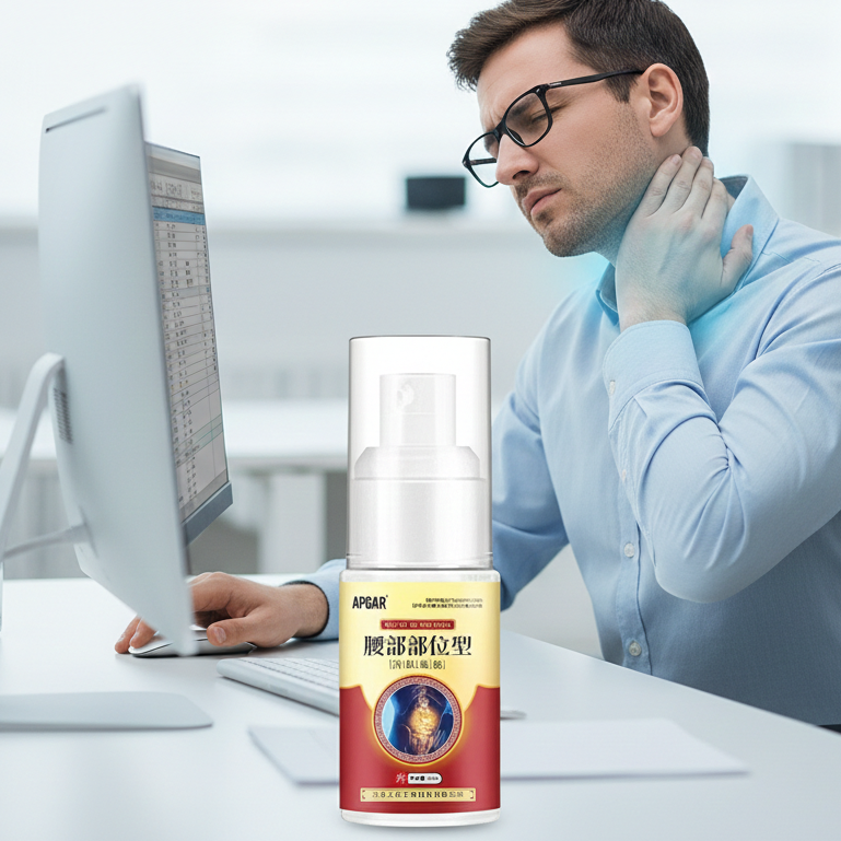 Man using computer with a bottle of AplusR product on a desk