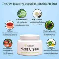 Night cream with bioactive ingredients listed on a blue background