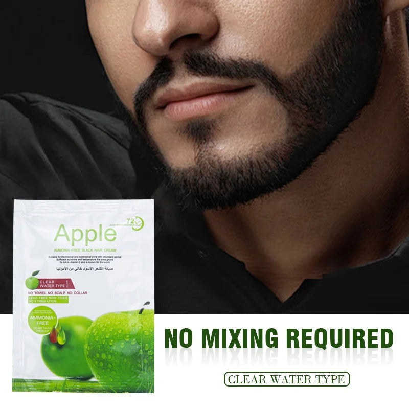 Man with a beard next to an 'Apple' product packaging with text 'No Mixing Required'.