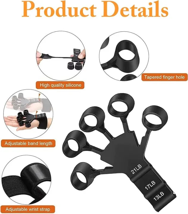 Black finger exerciser with adjustable bands on a white background