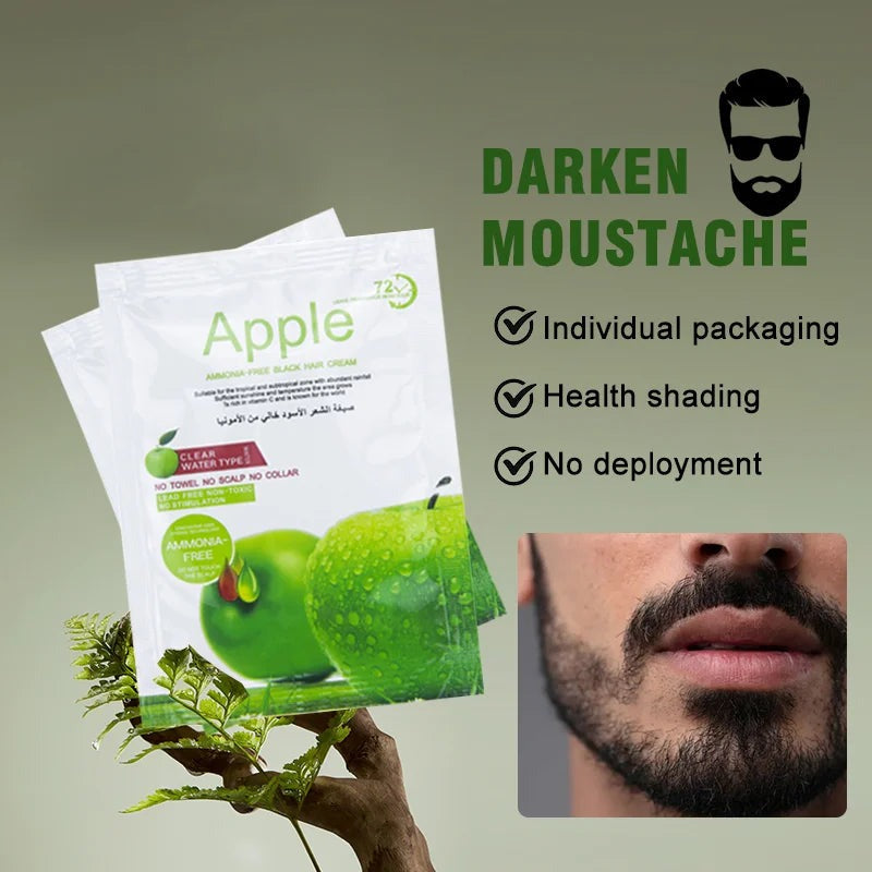Apple-themed product packaging with a man's face showing a darkened mustache.