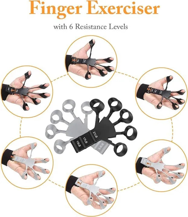 Finger exerciser with 6 resistance levels shown on a white background