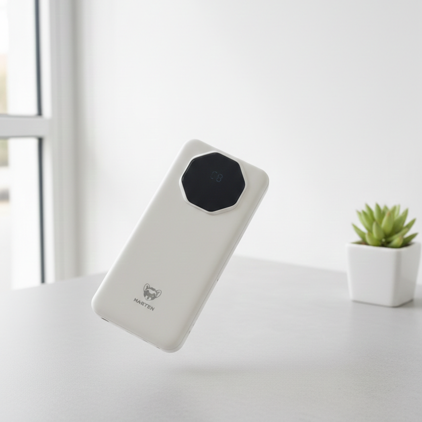 White electronic device with black hexagonal component charger powerbank
