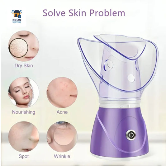 Purple facial steamer with skin condition illustrations on a white background