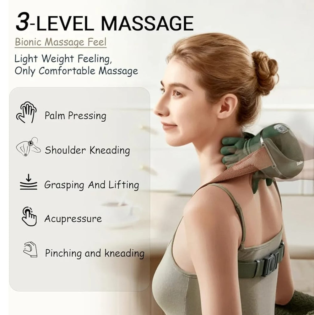 Woman receiving a massage with a device, featuring text on massage levels and techniques.