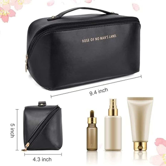 Black cosmetic bag with 'Rose of No Man's Land' branding, accompanied by skincare products and measurements.