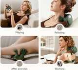 Four scenarios showing a person using a neck and shoulder massager: playing, relaxing, after exercise, and working.