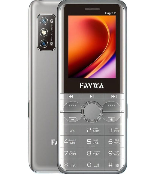 Silver Faywa mobile phone with a colorful