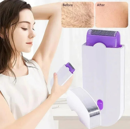 Woman using an epilator with 'Before' and 'After' hair removal images.