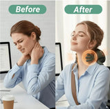 Before and after comparison of a woman using a neck massager at her desk.