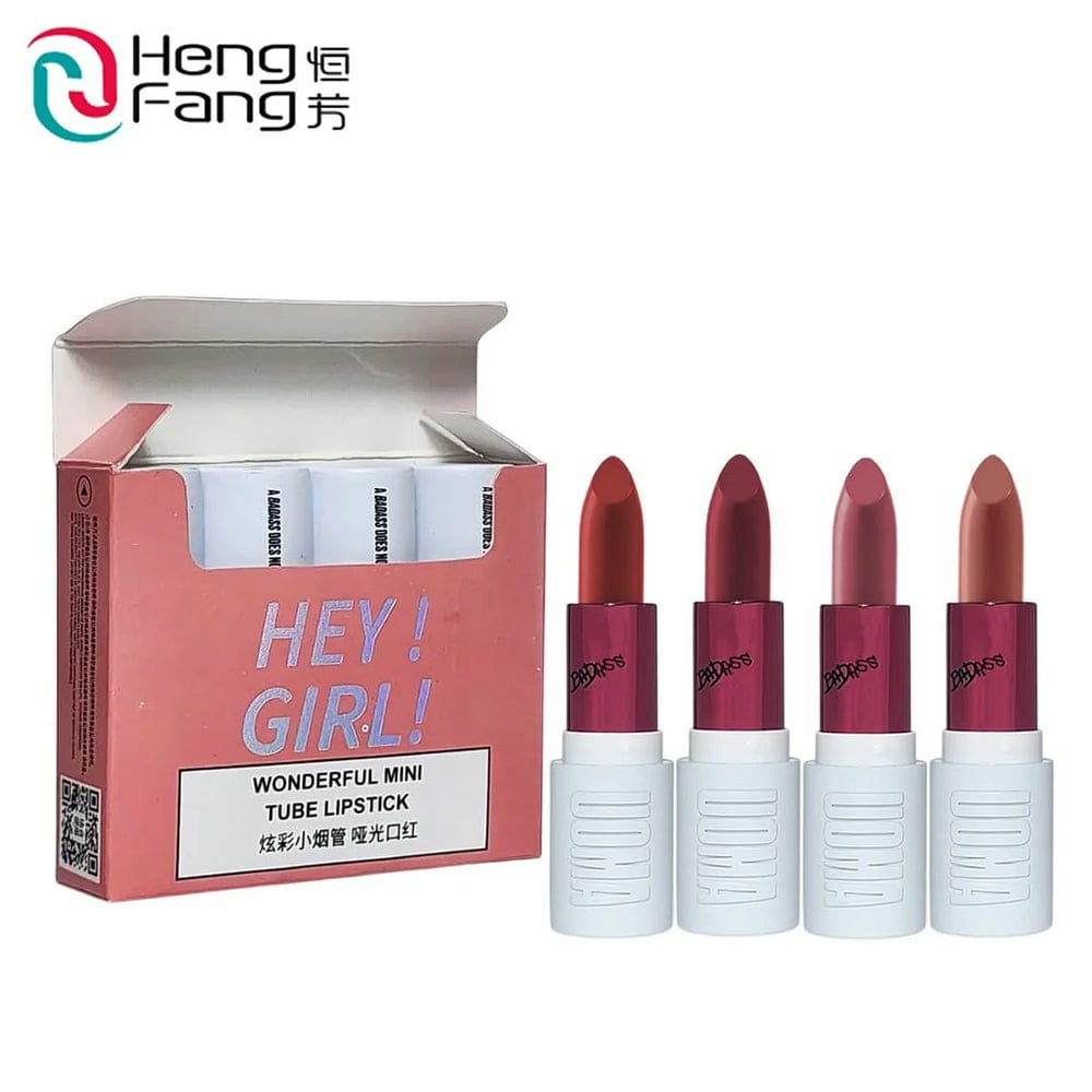 Set of lipsticks with a 'Hey Girl!' box and Heng Fang branding.