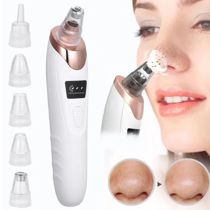 Nose hair trimmer with attachments and before-and-after skin comparison on a white background