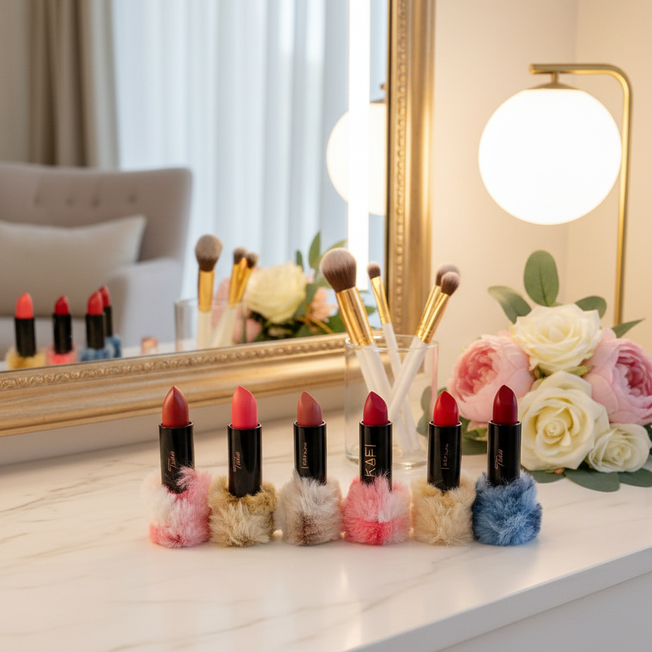 Set of colorful lipsticks with textured cases on a vanity table.