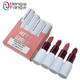 Set of mini lipsticks with a pink packaging box labeled 'Hey Girl' on a white background.