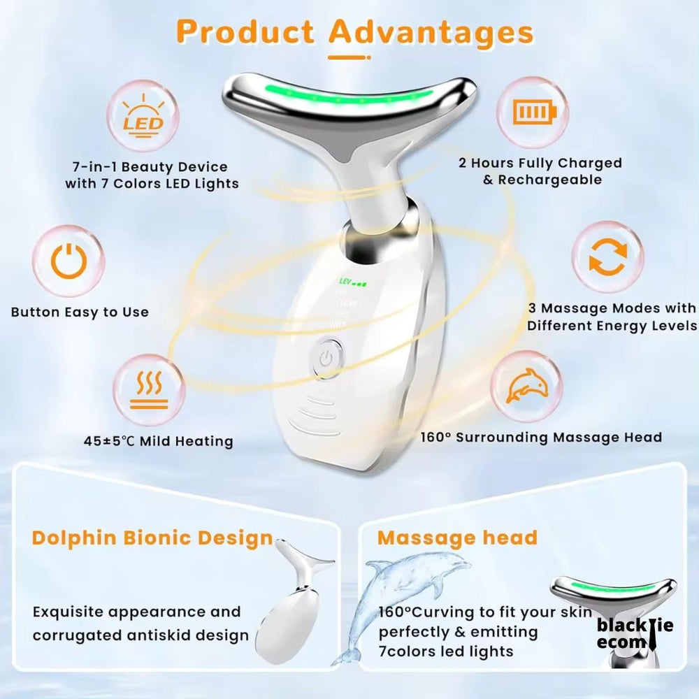 7-in-1 beauty device with LED lights and massage head on a light blue background
