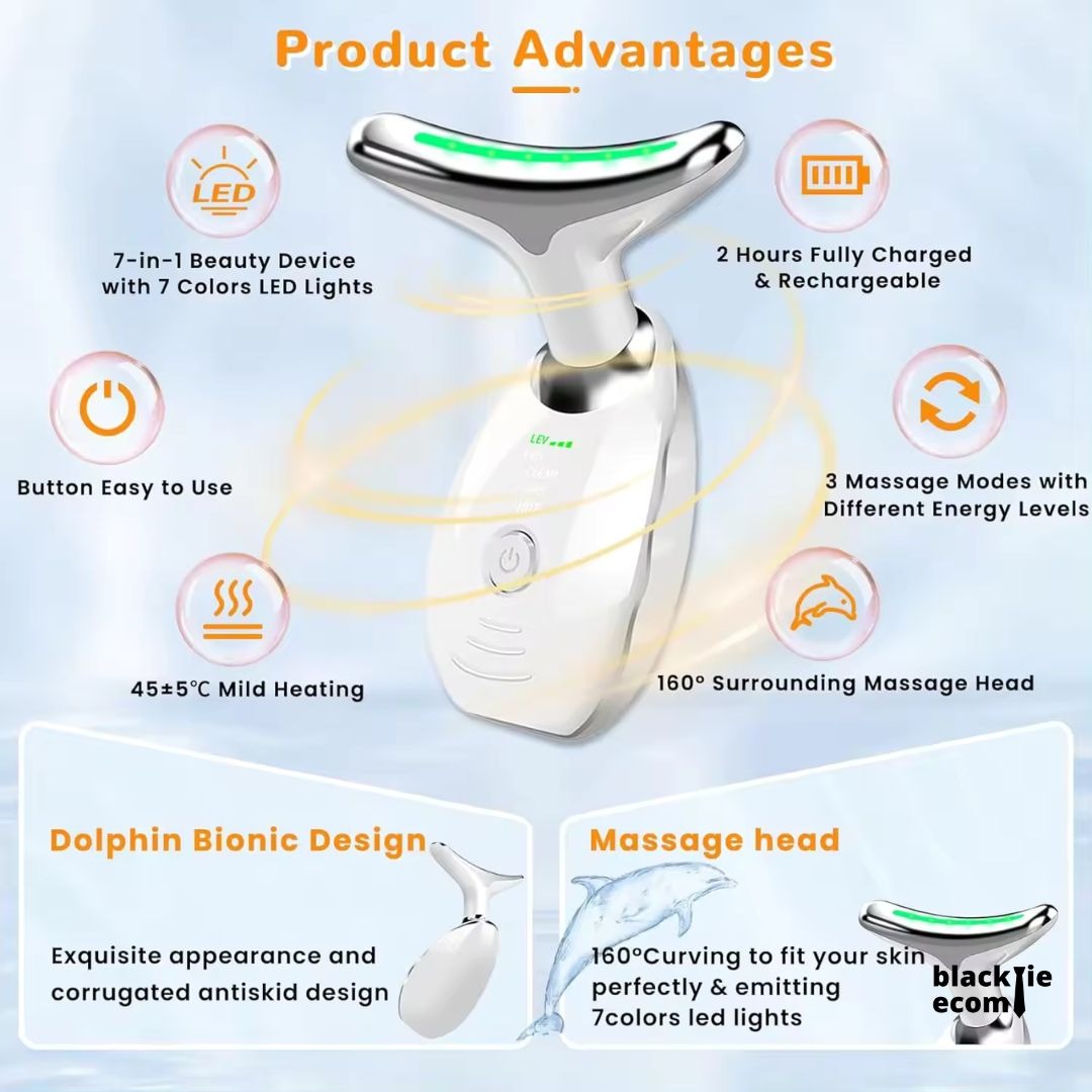 7-in-1 beauty device with LED lights and massage head on a light blue background