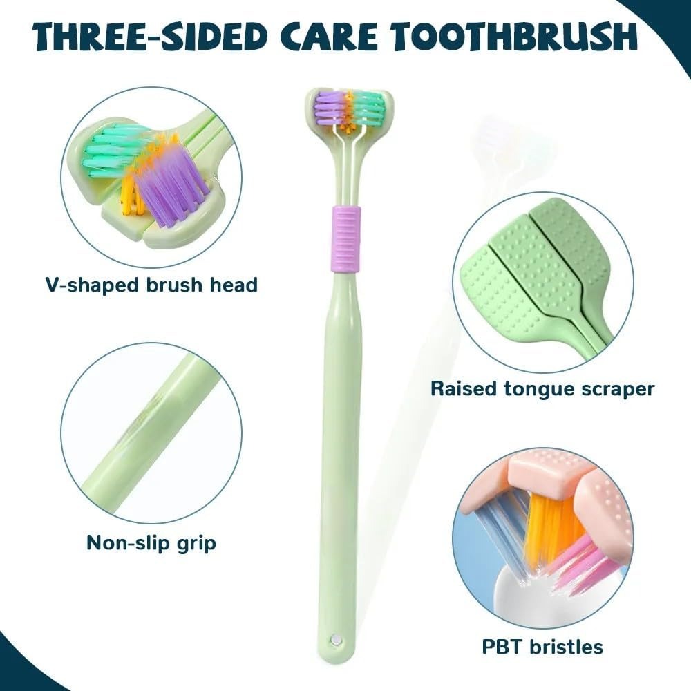 Three-sided care toothbrush with features highlighted on a white background