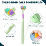 Three-sided care toothbrush with features highlighted on a white background