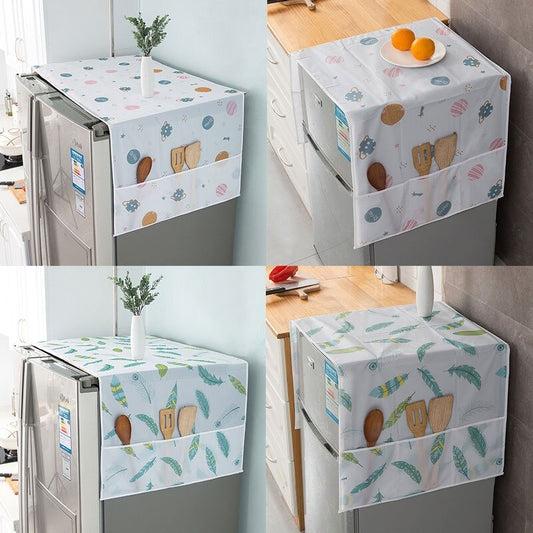 Fridge covers with kitchen-themed designs on refrigerators.