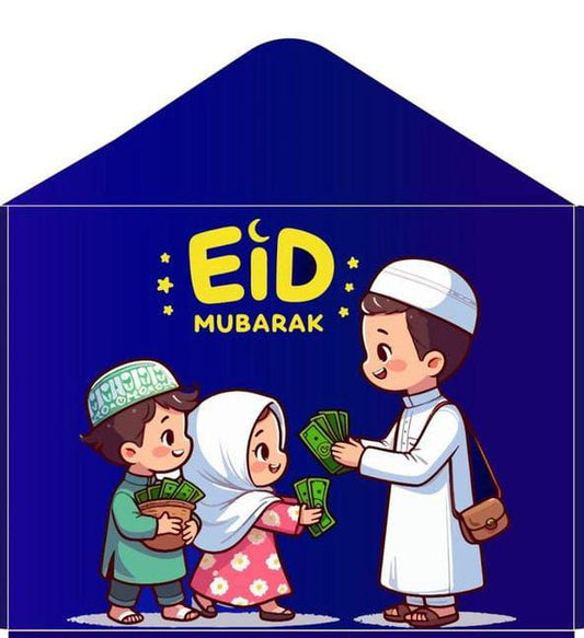 Cartoon illustration of children with 'Eid Mubarak' text on a blue background
