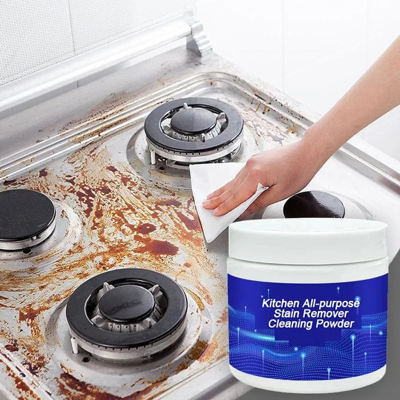 Stove with visible grime, hand using a cloth, and a container of kitchen cleaning powder.