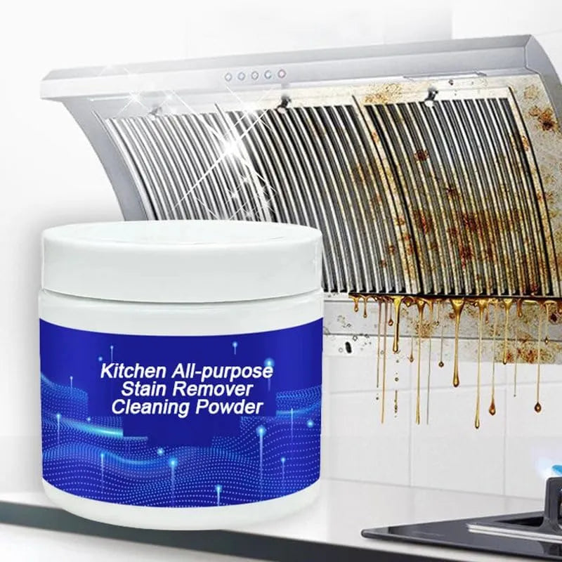 Kitchen all-purpose stain remover cleaning powder with a rusty kitchen filter background