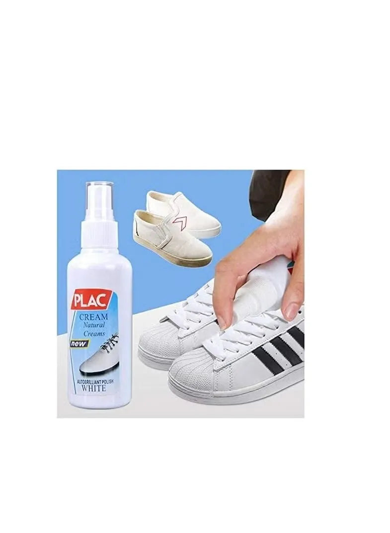 White sneakers with black stripes being cleaned using a PLAC cream bottle on a white background.