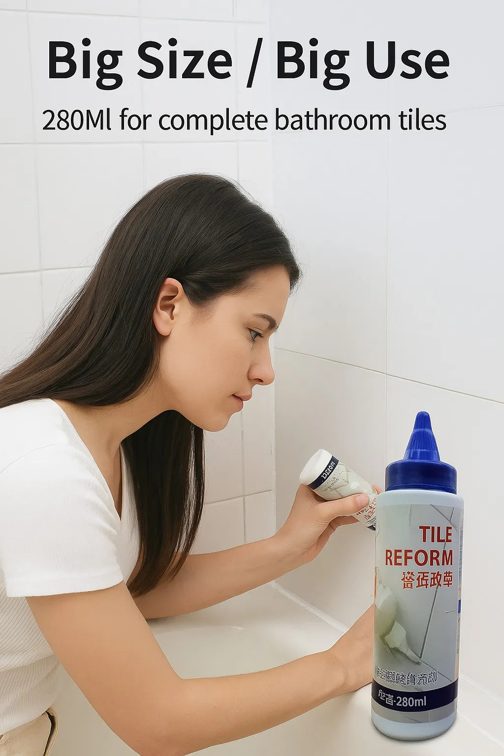 Woman applying Tile Reform product to bathroom tiles with text about size and use.