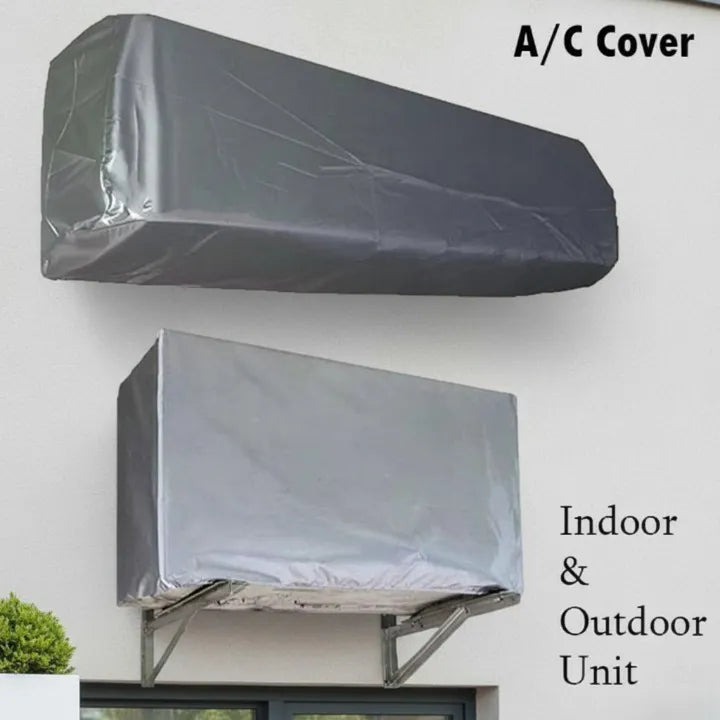 Air conditioning cover for indoor and outdoor unit on a white wall.