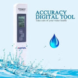 TDS&EC digital water quality meter with water droplet and splashes on a light blue background