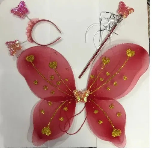 Butterfly costume set with red wings, pink headband, and wand on a white background
