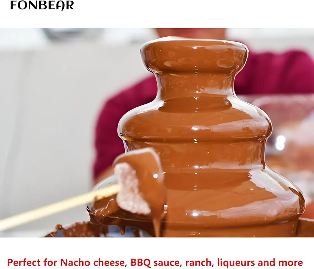 3-tier chocolate fountain machine for dipping fruits, marshmallows, and sweet treats.